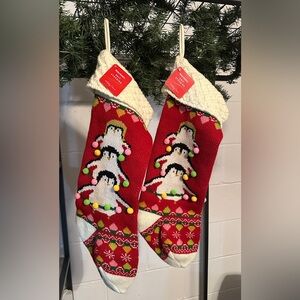 Red White Penguin Knit Cotton Christmas Stockings Balls Festive NWT